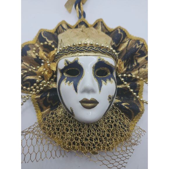 Vintage Venetian Jester Wall Mask Gold Black Porcelain Face Masquerade Decor - Picture 5 of 10